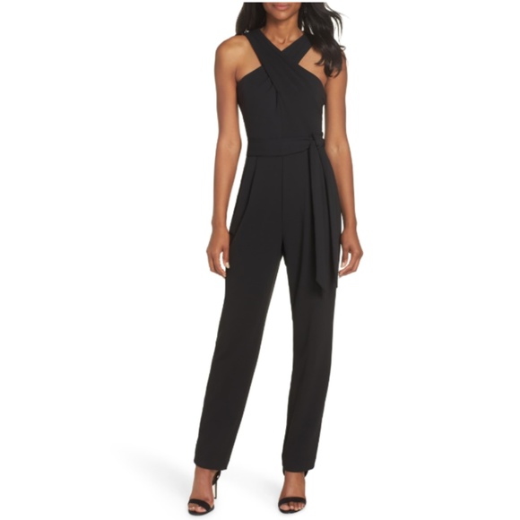 eliza j cross front halter jumpsuit